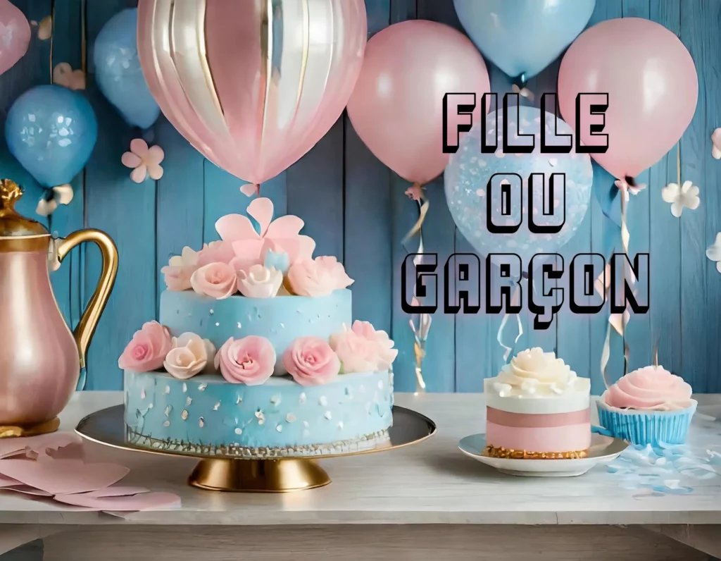 Gateau rose et bleu, avec une déco en ballons pour une babyshower