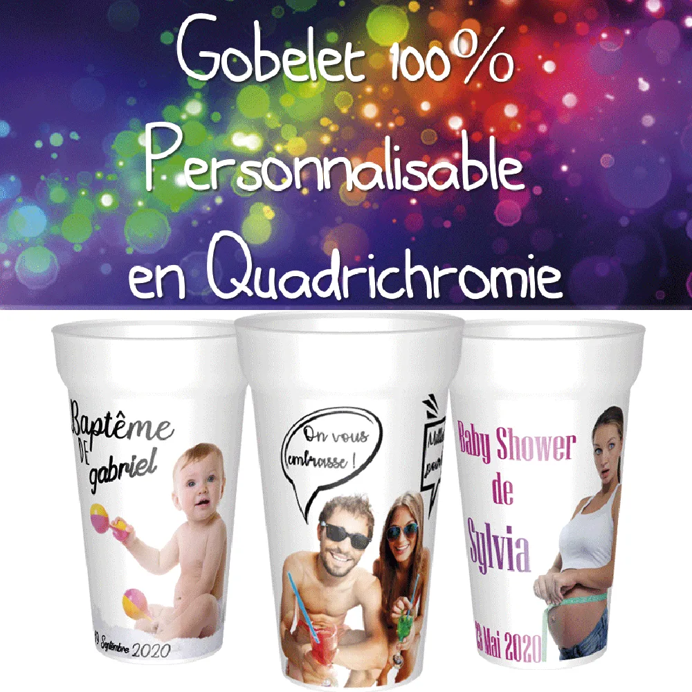 Impression quadri à 360°: Personnalisez votre gobelet avec votre photo, logo, slogan ou design préféré. La technologie d'impression numérique permet une reproduction précise et vibrante de vos couleurs.