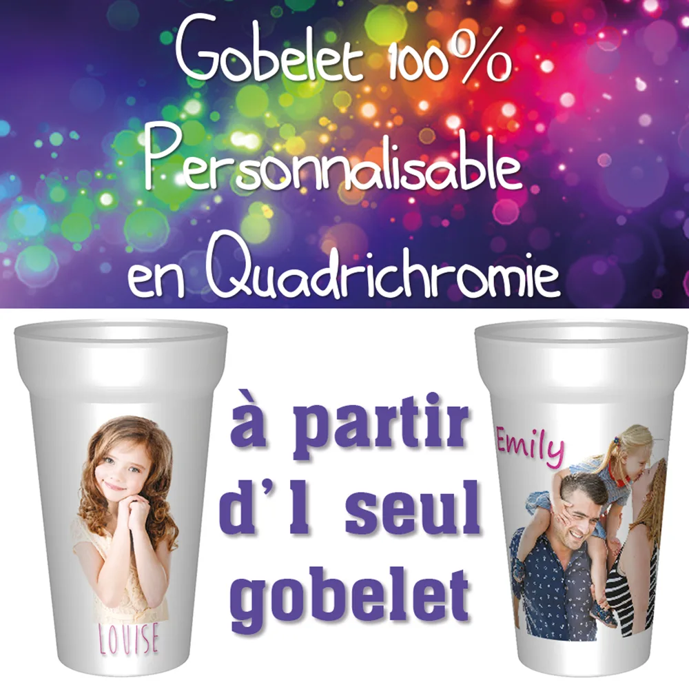 Gobelet personnalisable en quadri a partir d'1 seul exemplaire.