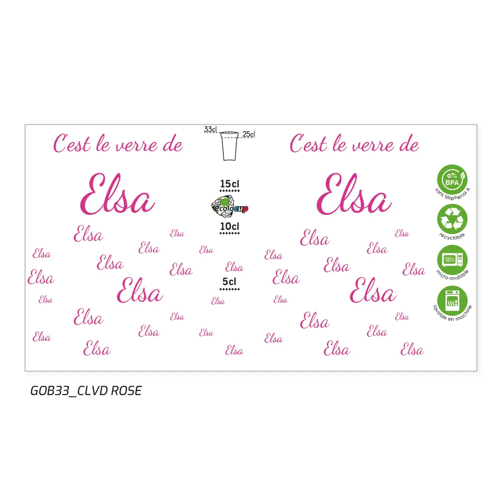 Visuel du gobelet "c'est le verre de" avec le prénom Elsa écrit en rose