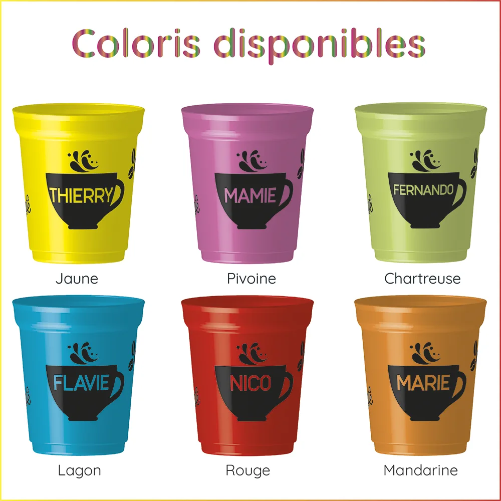 Choisissez la couleur qui vous ressemble et ajoutez votre prénom pour un gobelet unique et personnel. Parfait pour le bureau, la maison ou en déplacement.