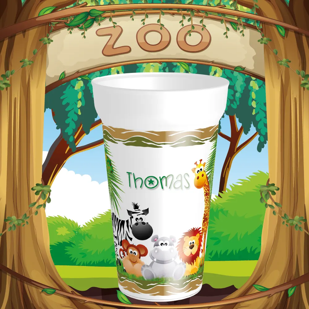 Gobelet réutilisable enfant en PP, décor zoo coloré et personnalisable avec prénom.