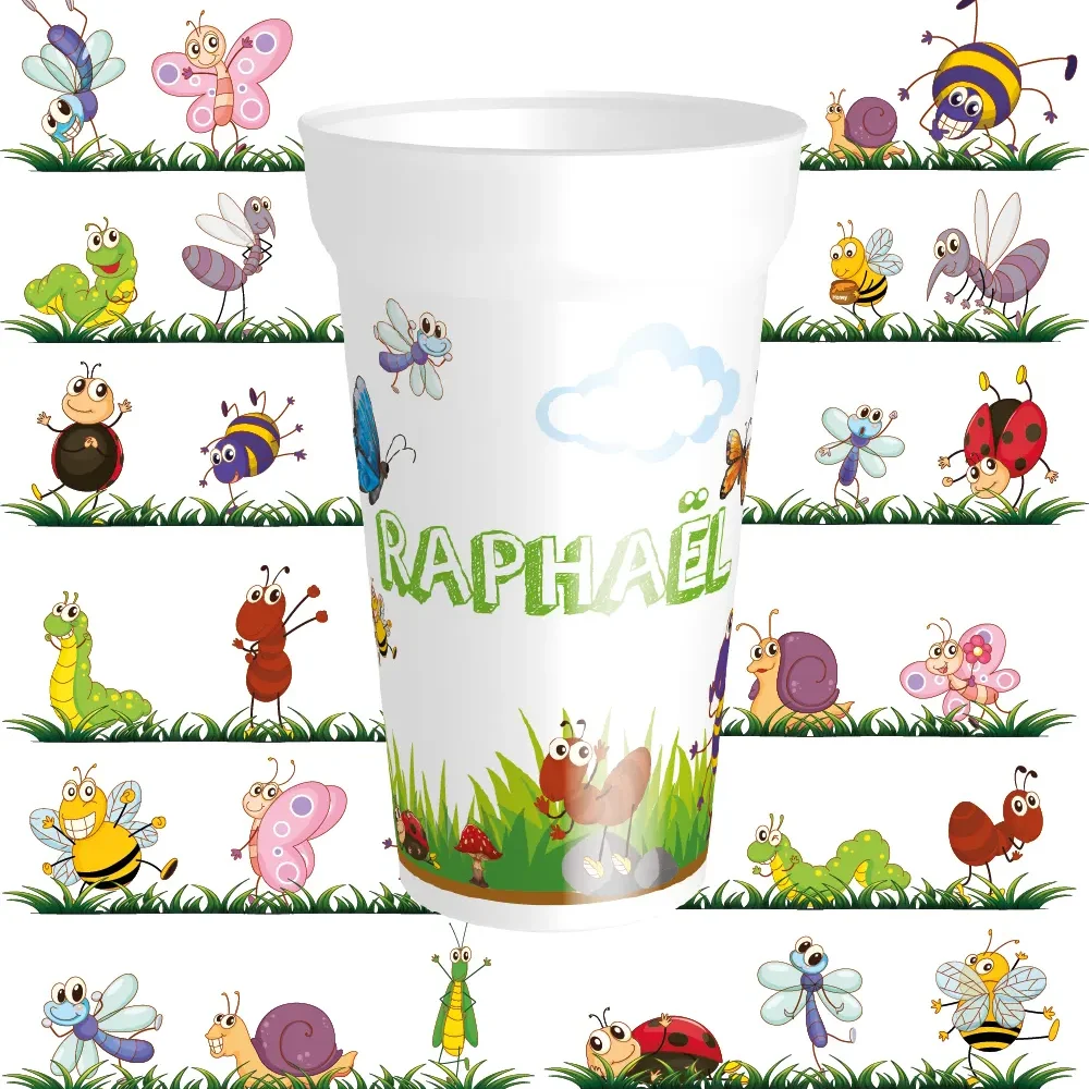 Gobelet réutilisable enfant en PP, décor petits insectes mignons et personnalisable avec prénom.