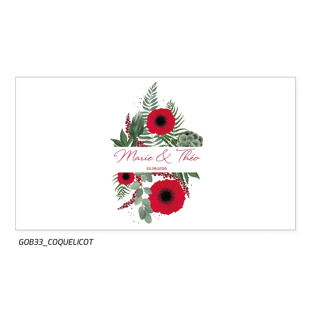 Offrez à vos invités un cadeau unique et pratique : un gobelet réutilisable personnalisé pour votre mariage, sublimé par deux coquelicots d'un rouge profond.