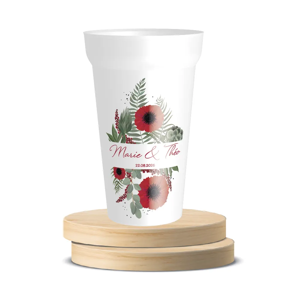 Magnifique gobelet réutilisable personnalisé pour un mariage, avec 2 beaux coquelicots bien rouge.