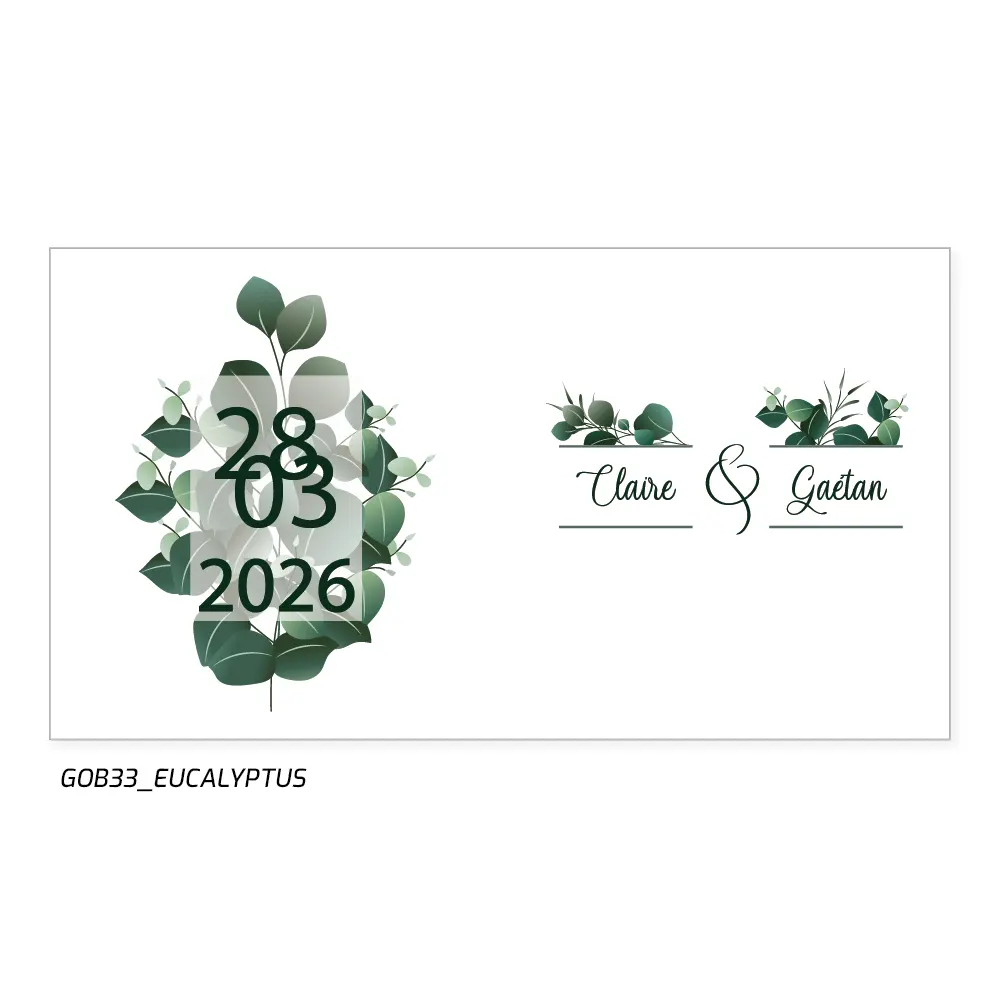 Personnalisez ce gobelet réutilisable avec le nom des mariés et la date du mariage pour un cadeau unique et pratique que vos invités pourront utiliser et apprécier longtemps après le grand jour. Le motif d'eucalyptus apporte une touche de nature et de fraîcheur à votre décoration de mariage.