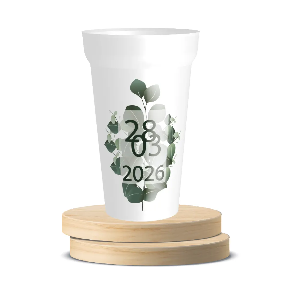 Gobelet réutilisable personnalisé pour un mariage, avec un thème eucalyptus