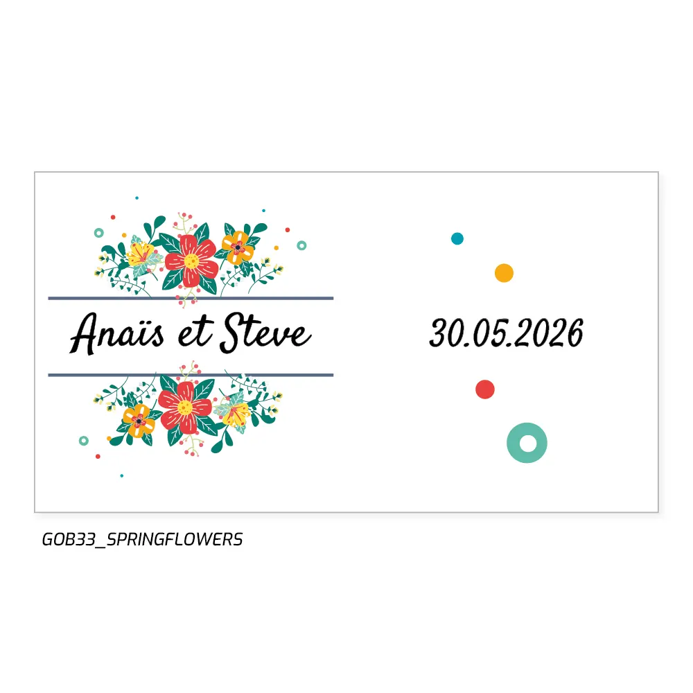 obelet en plastique transparent, personnalisé avec les prénoms des mariés et la date dans une typographie manuscrite, entourés d'une composition florale aquarelle