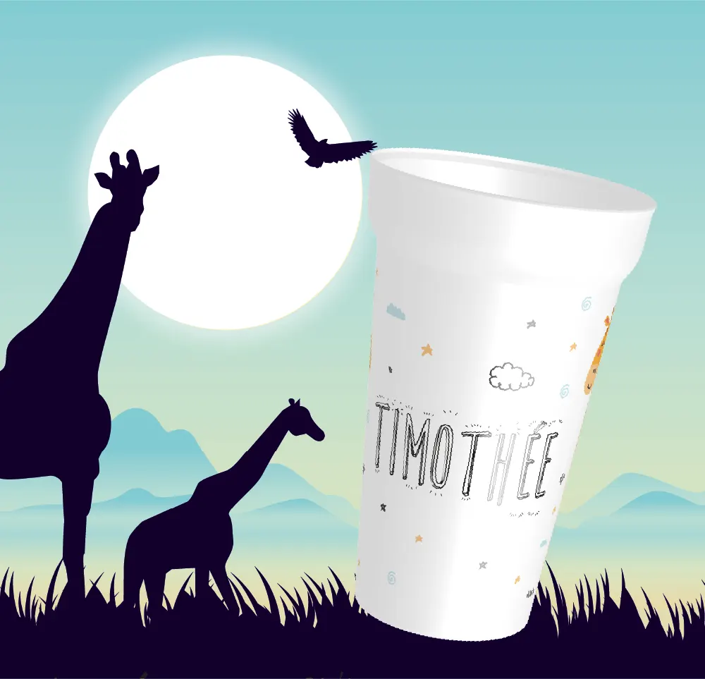 Gobelet réutilisable à personnaliser avec un beau visuel moderne avec 2 girafes en face a face.