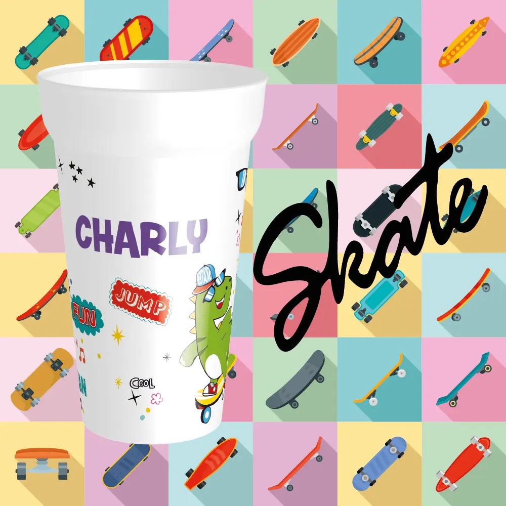 Gobelet skate fun personnalisé prénom, cadeau enfant, skateur, durable, sans BPA, personnalisable, prénom, unique, original, cadeau, école, skatepark, maison.