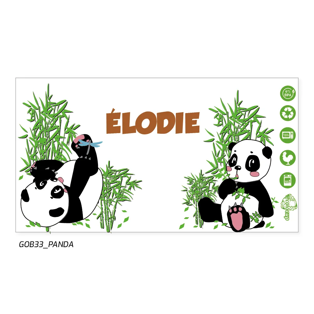 Gobelet panda personnalisé prénom, cadeau enfant, animal mignon, panda, durable, sans BPA, lave-vaisselle, micro-ondes, boissons chaudes, froides.