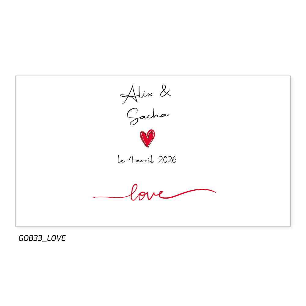 Son design épuré, orné d'un cœur rouge et de vos prénoms, fera de votre mariage un moment inoubliable. Un souvenir original et réutilisable pour tous vos invités.