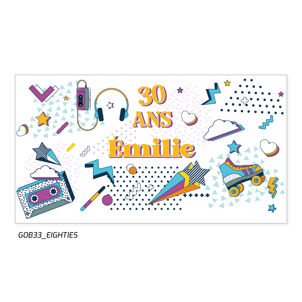 Des couleurs, un patin à roulette, une étoile, un casque, un lecteur casette.