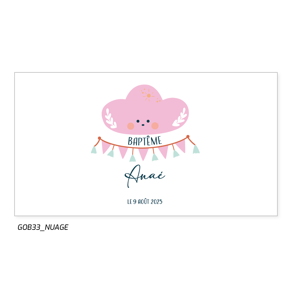 un décor simple et rêveur et le prénom et la date en écriture cursive.