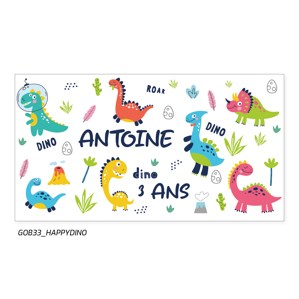des dinos colorés, un prénom et l'âge.