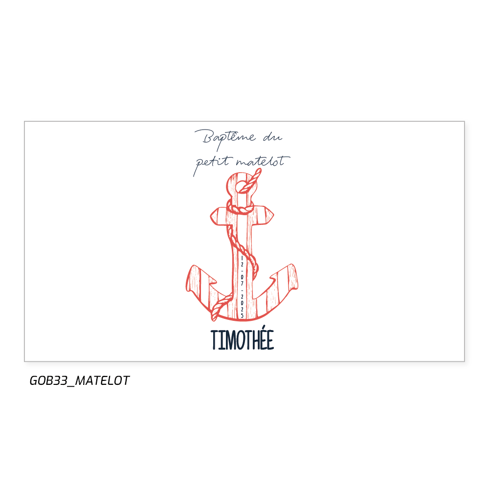 Un souvenir du baptême, le prénoms des couleurs bleu et rouge pour rappeler la mer.