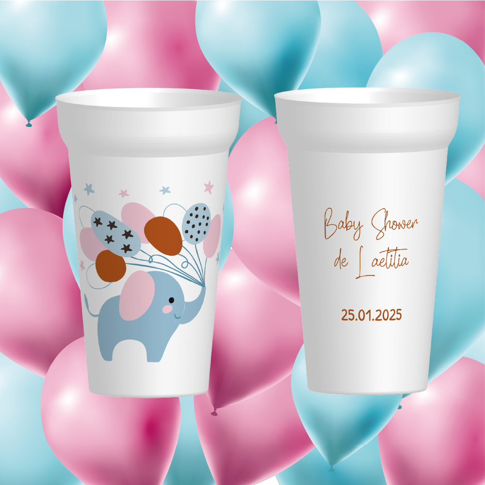 Un éléphant, des ballons et la date de la baby shower