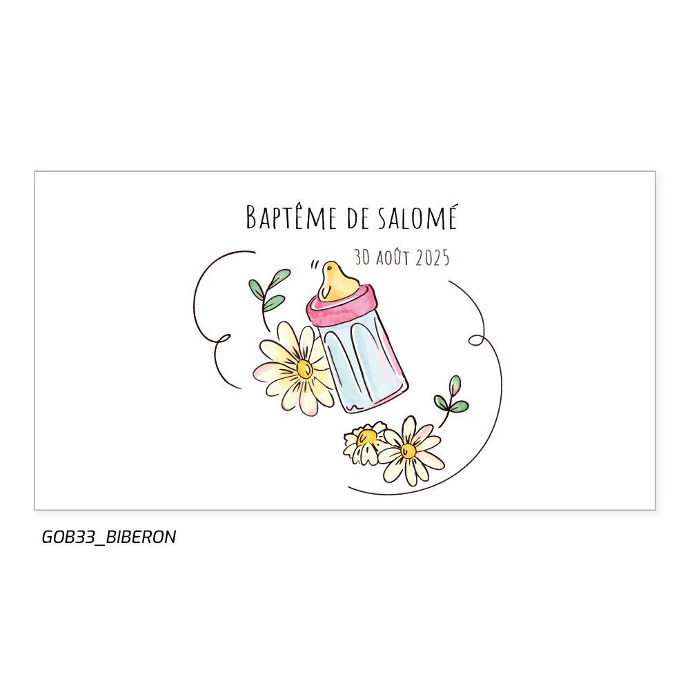 Le prénom de l'enfant, une date, un biberon coloré.