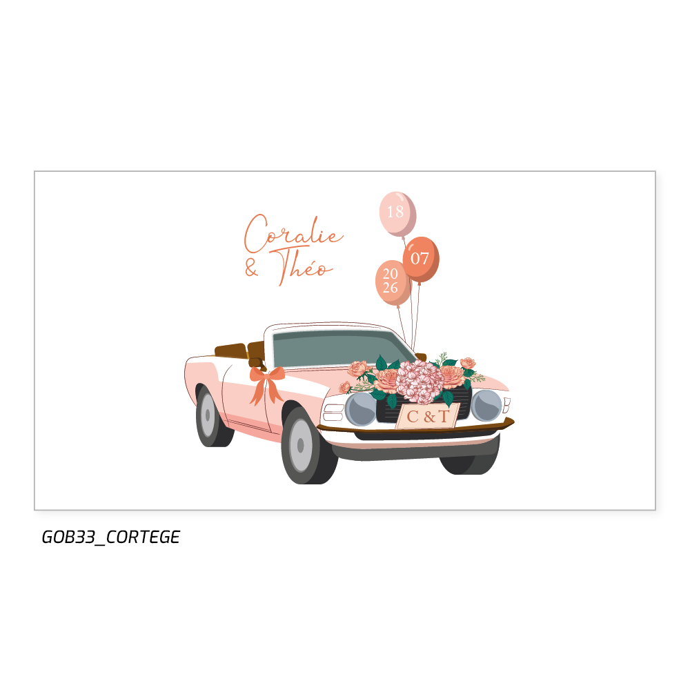 cadillac de rêve, des ballons avec la date du mariage, les prénoms des mariés