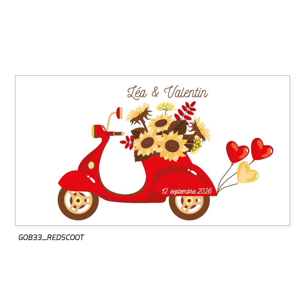 Un scooter rouge, la date du mariage, des tournesols et les prénoms des mariés