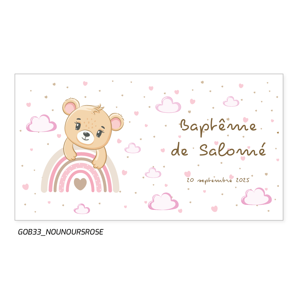 Gobelet personnalisé pour baptême : un cadeau utile et durable avec un ourson rose et un arc-en-ciel