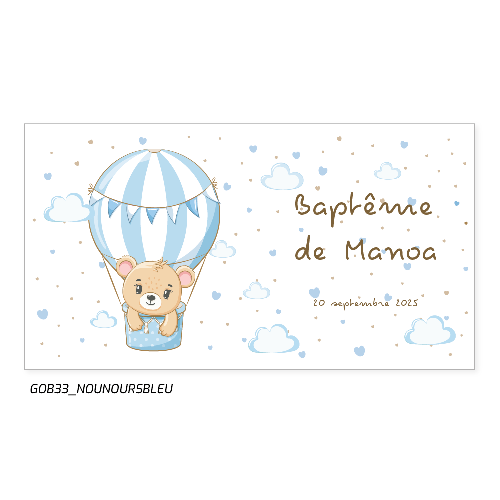 gobelet de baptême avec un motif de montgolfière bleue et d'un nounours, portant le prénomet la date du baptême