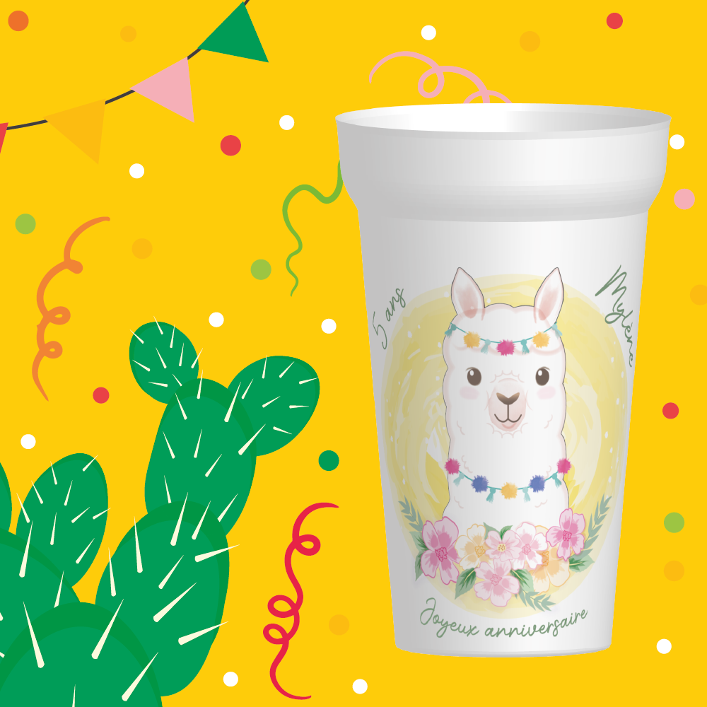 Gobelet personnalisé avec un dessin d'alpaga mignon pour une fête d'anniversaire enfant