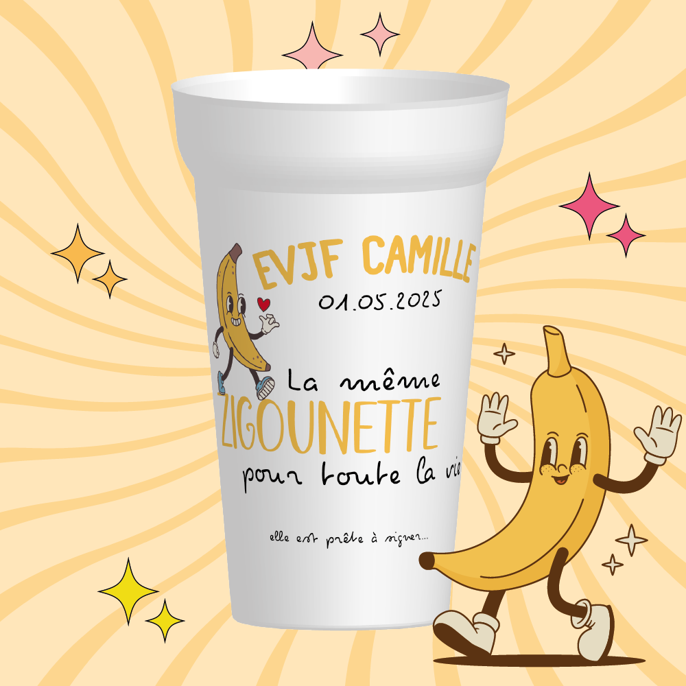Gobelet avec banane, le prénom de la future mariée et la date