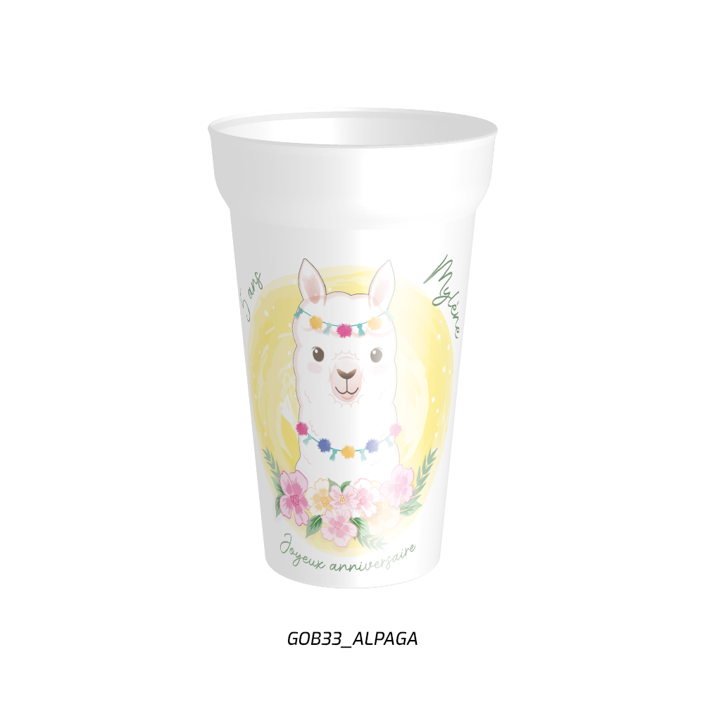 Gobelet d'anniversaire personnalisé avec le prénom et un adorable alpaga souriant